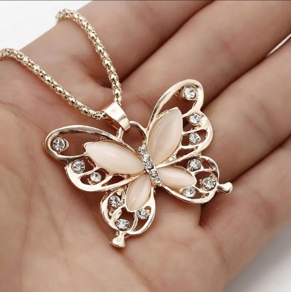 Rose Gold Opal Butterfly Pendant Necklace - Picture 3 of 6